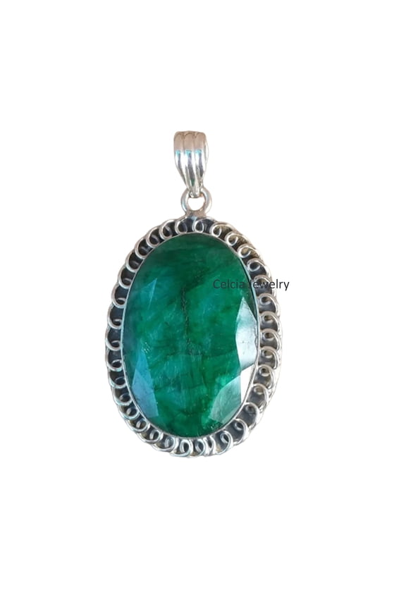 Real 925 Sterling Silver Pendant For Women Men, Genuine Green Emerald Oval Gemstone Unique Handcrafted May Birthstone Jewelry