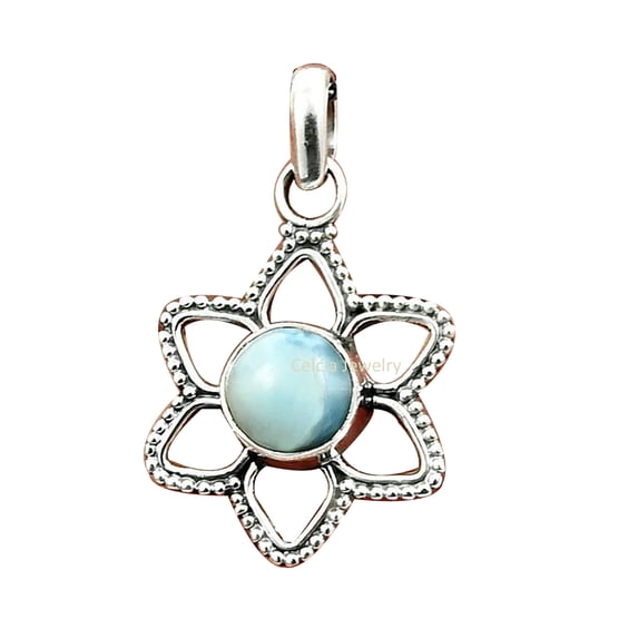 Real 925 Sterling Silver Pendant For Women Men, Genuine Larimar Cabochon Round Blue Gemstone Amazing Handcrafted Jewelry For Her Him