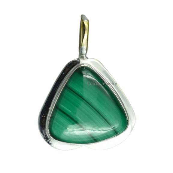 Real 925 Sterling Silver Pendant For Women Men, Genuine Malachite Cabochon Green Gemstone Amazing Handcrafted Jewelry For Her Him