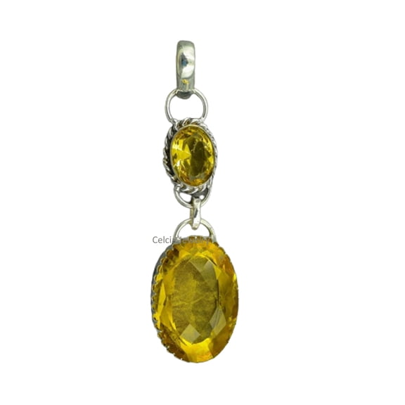 Real 925 Sterling Silver Pendant For Women Men, Genuine Oval Lemon Quartz Double Gemstone Unique Handcrafted Jewelry For Her Him