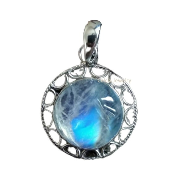 Real 925 Sterling Silver Pendant For Women Men, Genuine Round Rainbow Moonstone Gemstone Unique Handcrafted June Birthstone Jewelry