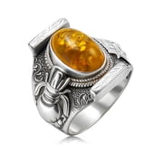 Real 925 Sterling Silver Ring for Men Women, Genuine Amber Gemstone Finger Rings, Handmade Designer Filigree, Fashion Jewelry for Gifts, Size 9
