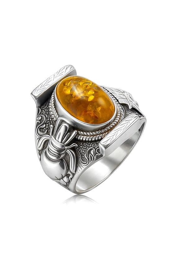 Real 925 Sterling Silver Ring for Men Women, Genuine Amber Gemstone Finger Rings, Handmade Designer Filigree, Fashion Jewelry for Gifts, Size 9
