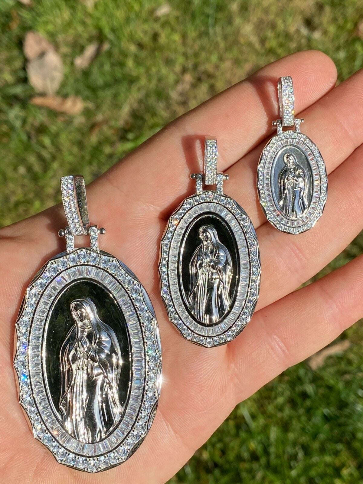 Real 925 Sterling Silver Virgin Mary Necklace Pendant Iced CZ Medallion ...