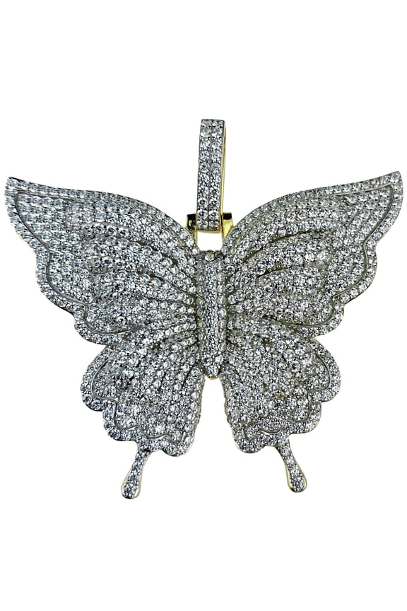 Real 925 Sterling Silver w/Gold Finish Flooded Micro Pave Iced Bling Butterfly Pendant Large 2.5" Inch