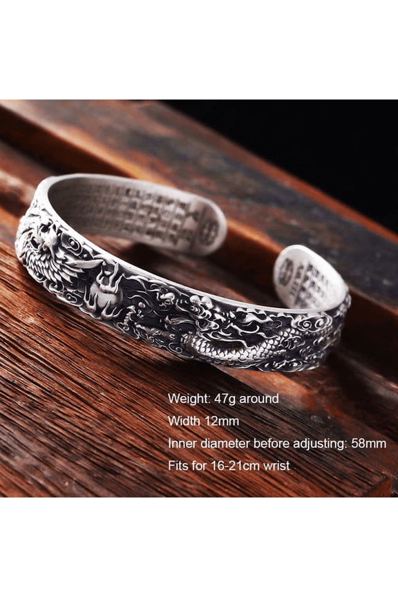 Handmqdebynepal Real 999 Pure Silver Dragon and Phoenix Bangles for Men Heart Sutra Engraved