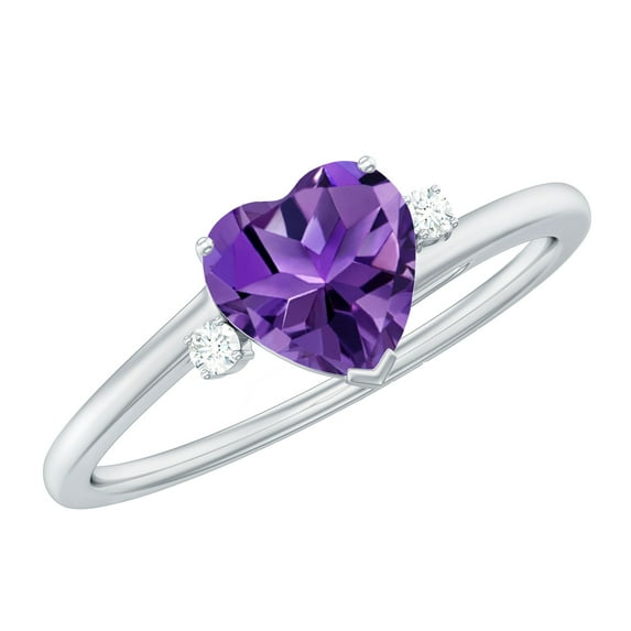 Rosec Jewels Natural Amethyst Heart Promise Ring - 6 mm - February Birthstone Ring - Ready to Gift for Valentines, 14K White Gold, US 3.00