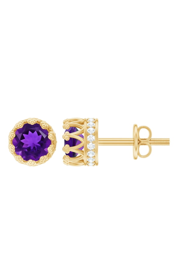 Real Amethyst Solitaire Stud Earrings with Diamond - Crown Stud Earrings (7 mm), 10K Yellow Gold