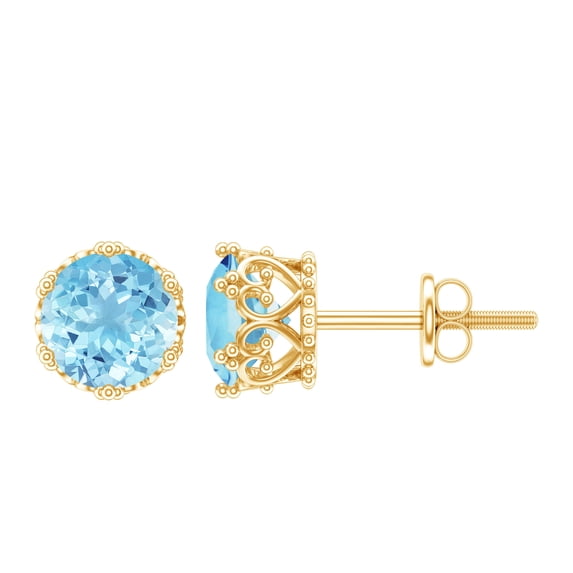 Rosec Jewels Aquamarine Solitaire Stud Earrings with Screw Back - 1.6 Carat - AAA Quality - March Birthstone - Ready to Gift for Birthday, 14K Yellow Gold