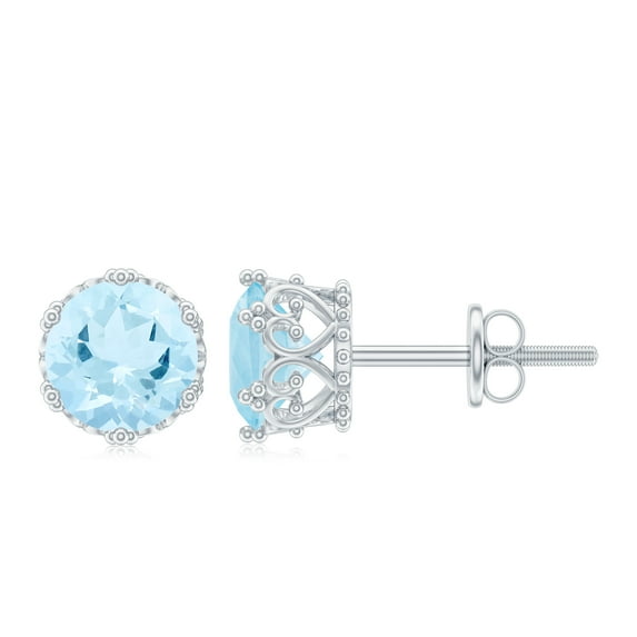 Rosec Jewels Real Aquamarine Solitaire Crown Stud Earrings with Screw Back - 6 mm - AAA Grade, 925 Sterling Silver