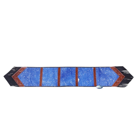 Real Argentina Cowhide Leather Table Runner 72 x 12 Inches, Royal Blue Acid-Wash with Silver Metallic Accents, Brown Tooled Floral Panels, Black Fringe