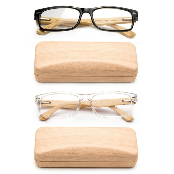 Real Bamboo Reading Glasses Spring Hinge Genuine Bamboo Rectangular Reader w/Case