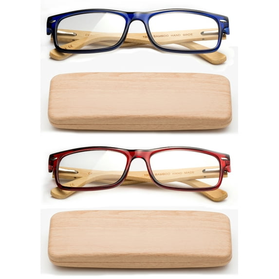 Real Bamboo Reading Glasses Spring Hinge Genuine Bamboo Rectangular Reader w/Case
