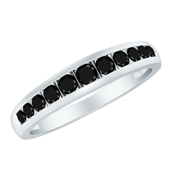 Rosec Jewels Real Black Diamond Band Ring for Men in Graduated Style - 0.75 CT - AAA Quality, 18K White Gold, US 4.00