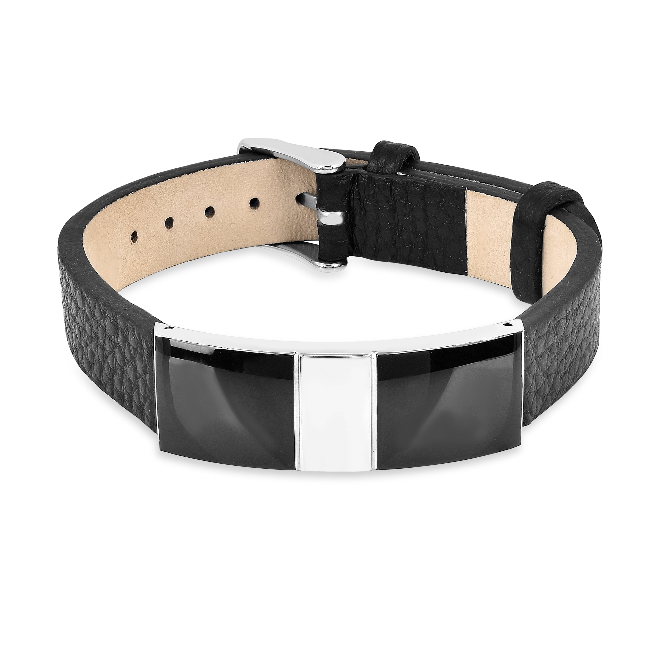Real Black Leather Bracelet- Stainless Steel Genuine Black Leather Bracelet for Mens Gift