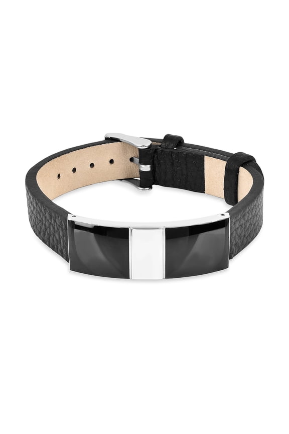 Real Black Leather Bracelet- Stainless Steel Genuine Black Leather Bracelet for Mens Gift