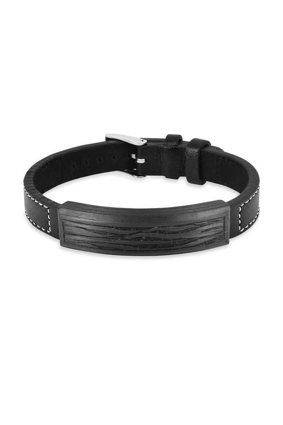 Real Black Leather Bracelet for Men In Stainless Steel with Carbon Fiber Men Accessories Gift