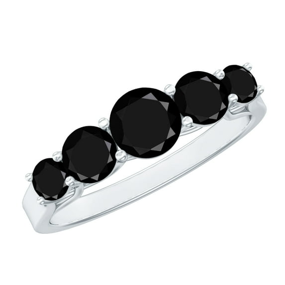 Rosec Jewels Natural Black Onyx Ring for Women - 5 Stone Anniversary Band - AAA Quality - Ready to Gift with Jewelry Box, 10K White Gold, US 3.00