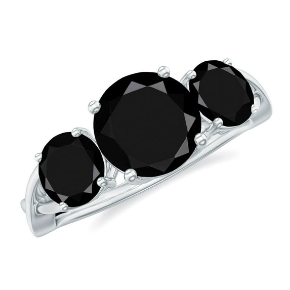 Rosec Jewels Black Onyx 3 Stone Engagement Ring for Women - December Birthstone Ring - AAA Quality - with Jewelry Box, 10K White Gold, US 8.00