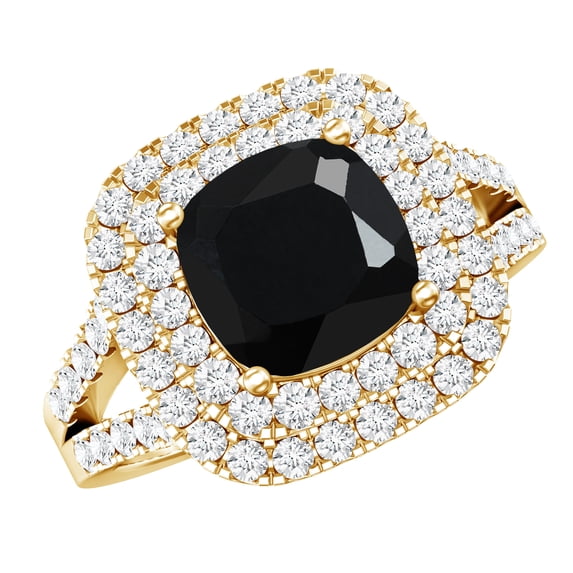 Rosec Jewels Real Black Onyx Cushion Cut Engagement Ring with Double Halo - Black Onyx Ring for Women (8 mm, AAA Grade), 14K Yellow Gold, US 4.50