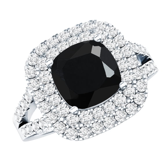 Rosec Jewels Real Black Onyx Cushion Cut Engagement Ring with Double Halo (2 Ct, AAA Grade) - Vintage Style Ring for Women, 925 Sterling Silver, US 4.00
