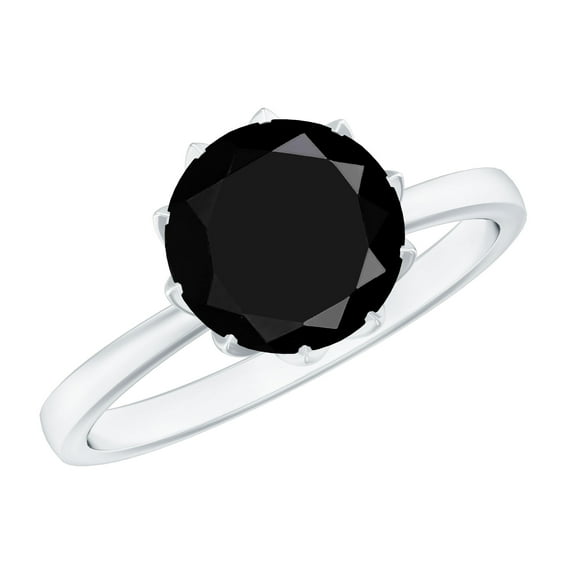Rosec Jewels Natural Black Onyx Engagement Ring for Women - 8 mm - December Birthstone Ring - AAA Quality - with Jewelry Box, 18K White Gold, US 3.50