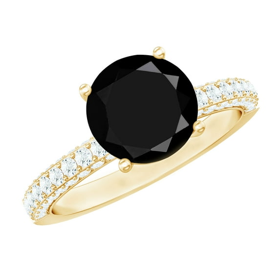 Rosec Jewels Natural Black Onyx Engagement Ring 2 Carat, with Moissanite - 8 mm - AAA Quality (December Birthstone), 18K Yellow Gold, US 7.00
