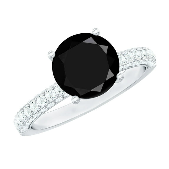 Rosec Jewels Natural Black Onyx Engagement Ring 2 Carat, with Moissanite - 8 mm - AAA Quality (December Birthstone), 925 Sterling Silver, US 4.00