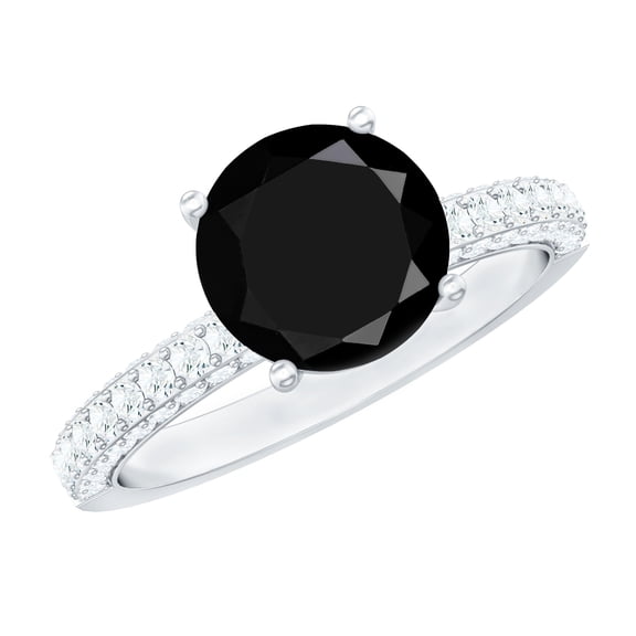 Rosec Jewels Natural Black Onyx Engagement Ring 2 Carat, with Moissanite - 8 mm - AAA Quality (December Birthstone), 925 Sterling Silver, US 5.00