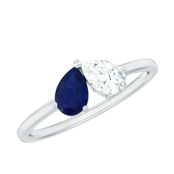Rosec Jewels Natural Blue Sapphire Promise Ring with Diamond - Toi Et Moi Ring for Women - AAA Quality - Valentines Day Gift, 10K White Gold, US 6.00