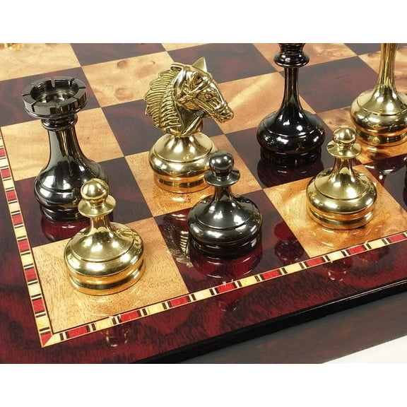 Real Brass Metal Black Gold Staunton Bridled Knight Chess Set Cherry Color Board