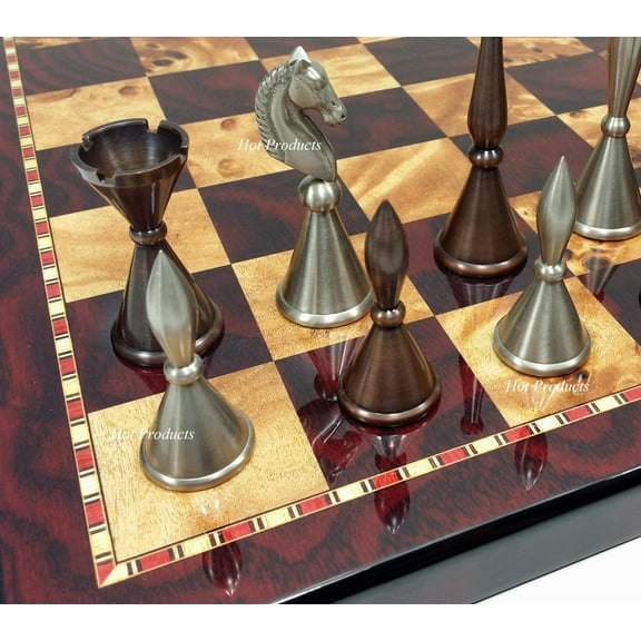 Real Brass Metal Modern Art Deco Staunton Chess Set 18" Cherry Color Board