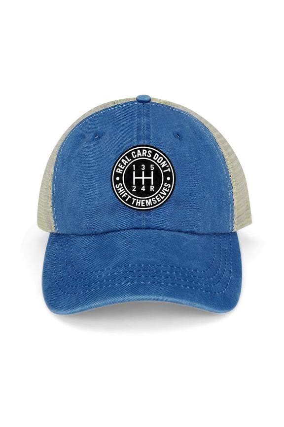 Real Cars Don’t Shift Themselves Dark Blue Baseball Cap for Men Women, Adjustable Snapback Hats Trucker Hat