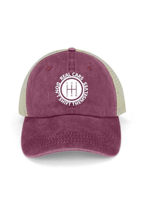 Real Cars Don’t Shift Themselves Wine Red Baseball Cap for Men Women, Adjustable Snapback Hats Trucker Hat