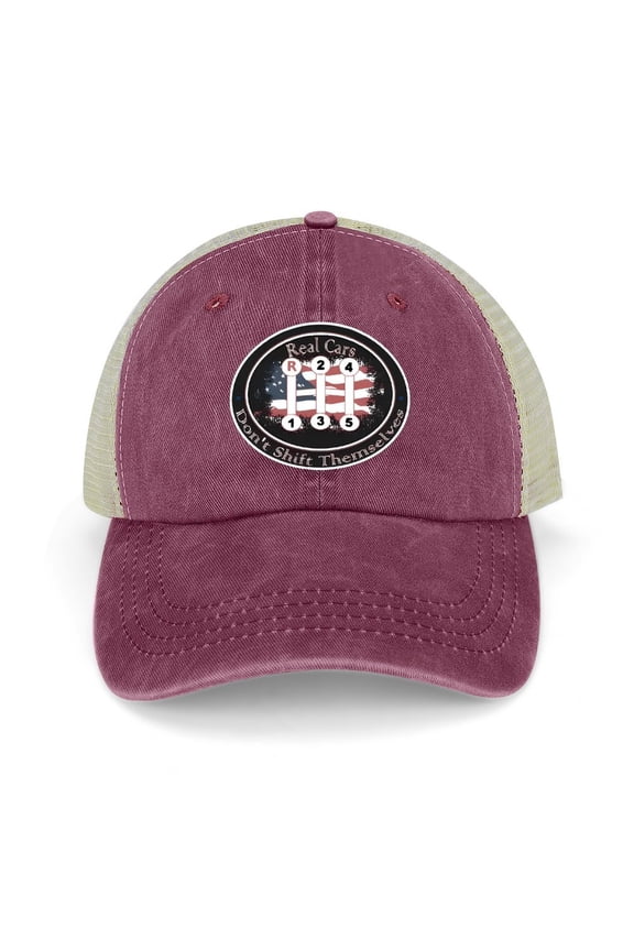 Real Cars Don’t Shift Themselves Wine Red Baseball Cap for Men Women, Adjustable Snapback Hats Trucker Hat