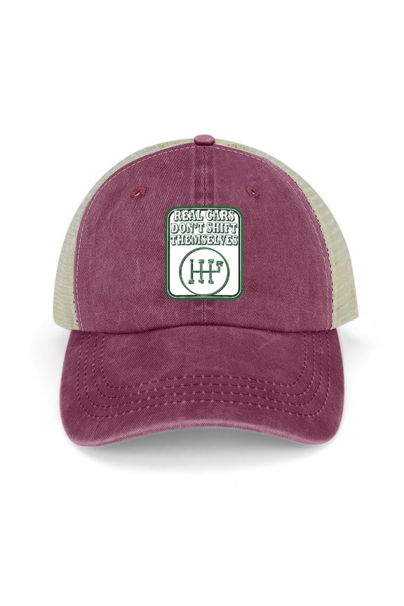 Real Cars Don’t Shift Themselves Wine Red Baseball Cap for Men Women, Adjustable Snapback Hats Trucker Hat