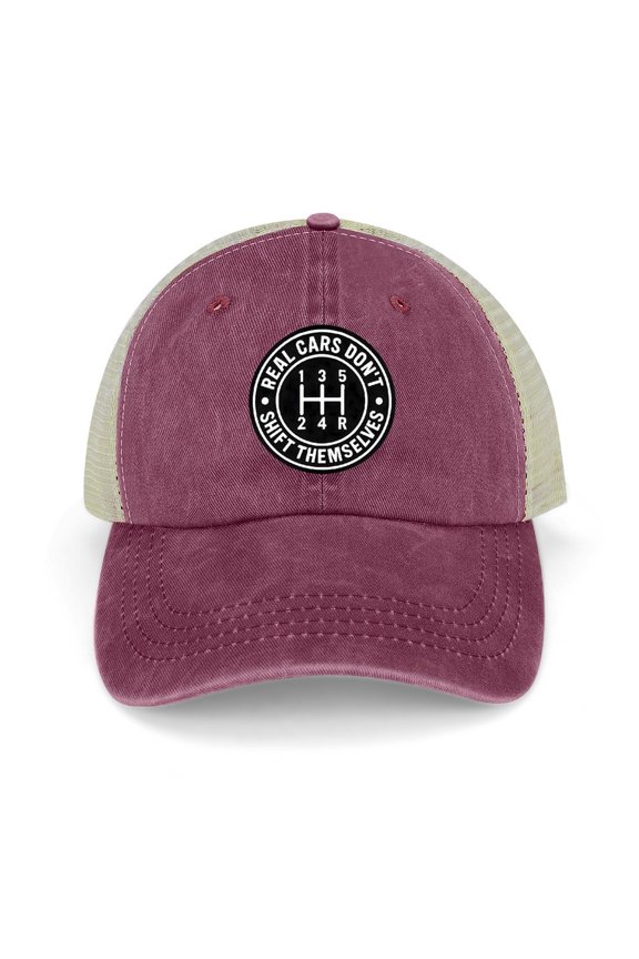 Real Cars Don’t Shift Themselves Wine Red Baseball Cap for Men Women, Adjustable Snapback Hats Trucker Hat