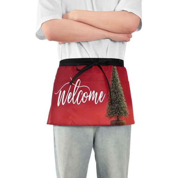 Real Christmas Tree Greeting Short Server Apron with 3 Pockets for Unisex Chef Gardening