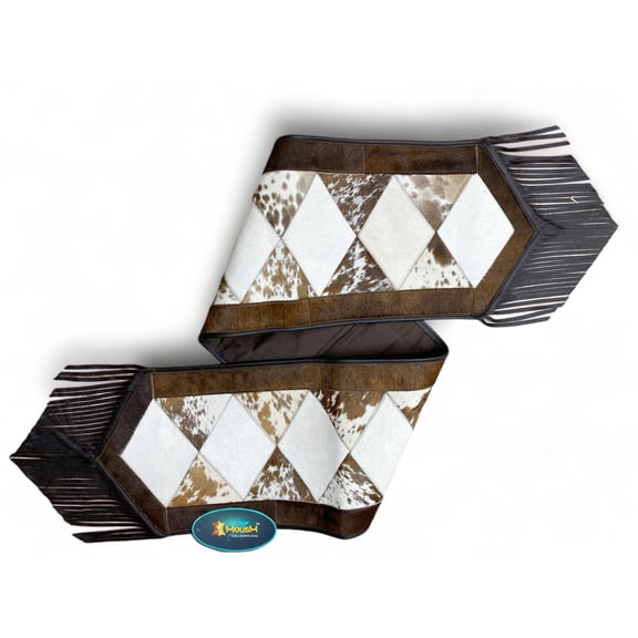 Real Cowhide Leather Table Runner 12 x 72 Inch, Brown & White Laser-Cut Diamond Patch Design, Black Fringe, Rustic Western Farmhouse Dcor