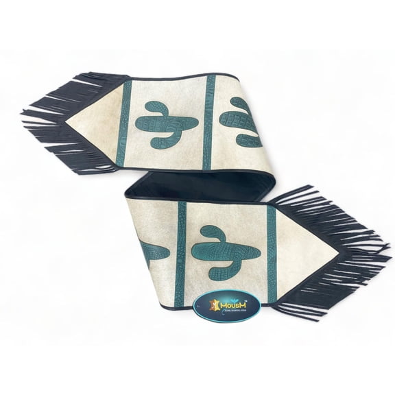 Real Cowhide Leather Table Runner 12 x 72 Inch, Laser-Cut Turquoise Alligator Cactus Patch, Black Leather Fringe, Rustic Western Farmhouse Dcor