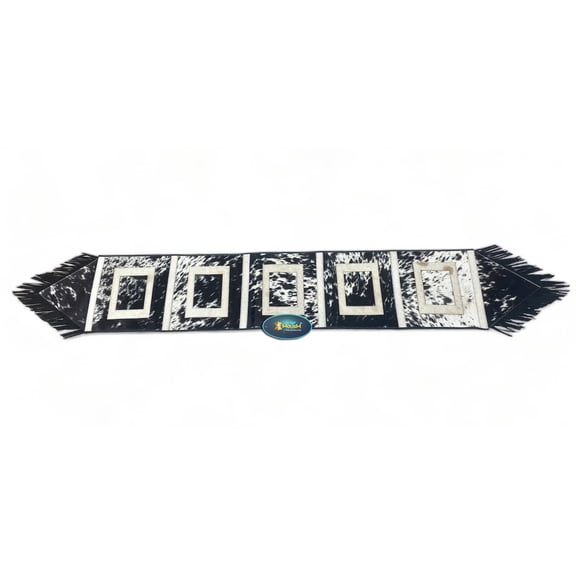 Real Cowhide Leather Table Runner 72 x 12 Inch, Black and White with Geometric Square Patches and Black Fringe, Western Rustic Table Dcor
