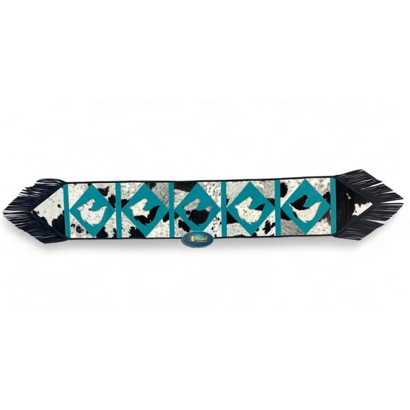 Real Cowhide Leather Table Runner 72 x 12 Inch, Turquoise Diamond Patchwork with Laser-Cut Horse Face and Black Leather Fringe