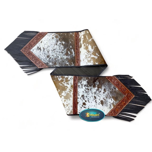 Real Cowhide Leather Table Runner 72 x 12 inches, Acid-Wash White & Brown Design with Tooled Floral Leather Patch, Black Fringe, Western Dcor