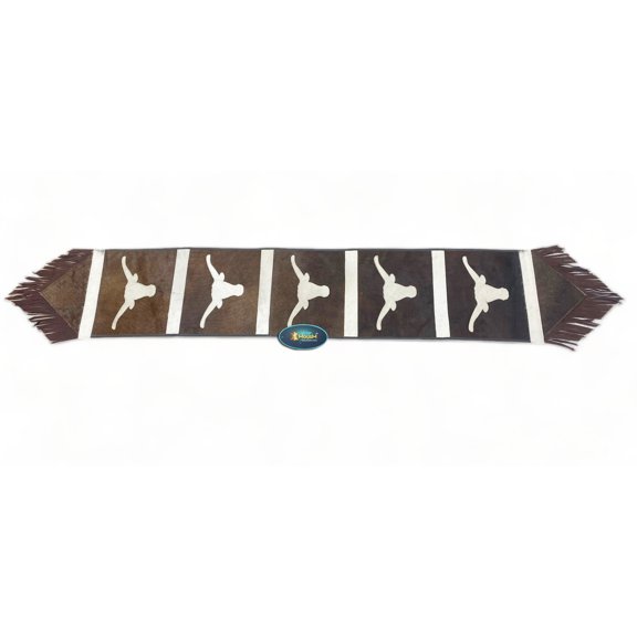 Real Cowhide Leather Table Runner 72 x 12 Inches, Brown Cowhide with White Longhorn Design Patch, Fringe, Rustic Western Dcor