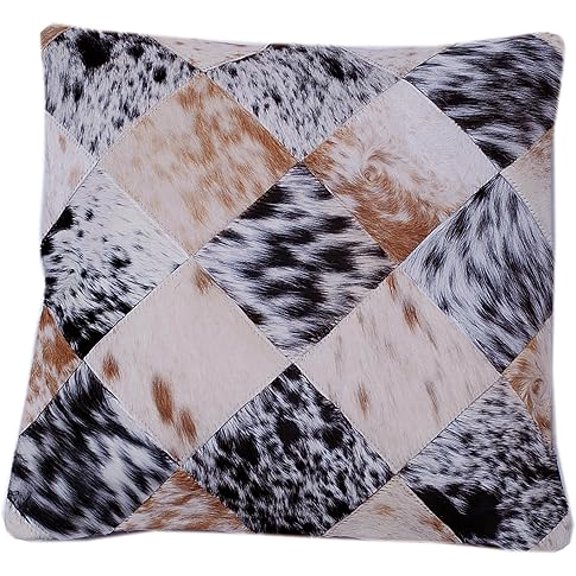 Real Cowhide Patchwork Cushion Covers – 15 x 15 Inches, Faux Leather Back – Reversible and Luxurious for Contemporary Home Interiors