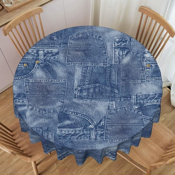 Not Real Denim Denim Print Round Tablecloth 60 Inch Patchwork Style Romance Indigo Miscellaneous Washable Table Cloth Circle Table Cover Decor for Home Kitchen Dining Party Patio