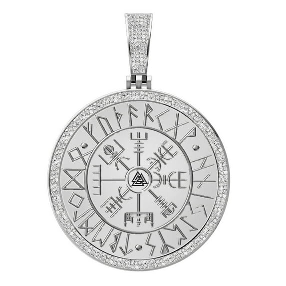 Real Diamond 0.60 Cwt. Viking Compass Vegvisir Norse Valknut Pendent Charm 2.25' Over White Gold