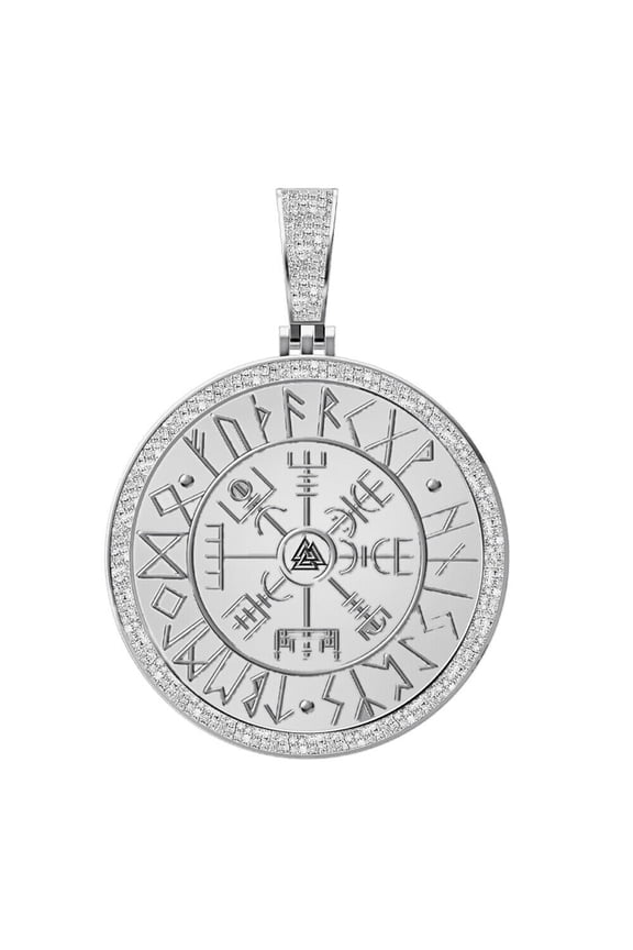 Real Diamond 0.60 Cwt. Viking Compass Vegvisir Norse Valknut Pendent Charm 2.25' Over White Gold