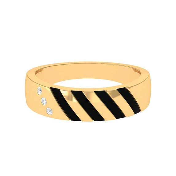 Rosec Jewels Real Diamond Band Ring with Black Enamel for Men - HI-SI Quality, 18K Yellow Gold, US 4.50