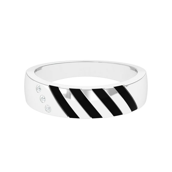 Rosec Jewels Real Diamond Band Ring with Black Enamel for Men - HI-SI Quality, 925 Sterling Silver, US 10.50